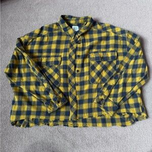 BDG Yellow and Black Plaid Cropped Button-Down Flannel Shirt